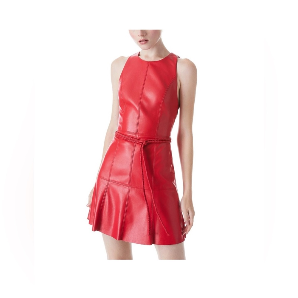 Alice + Olivia Leandra Red Vegan Leather Tie Waist Mini Dress